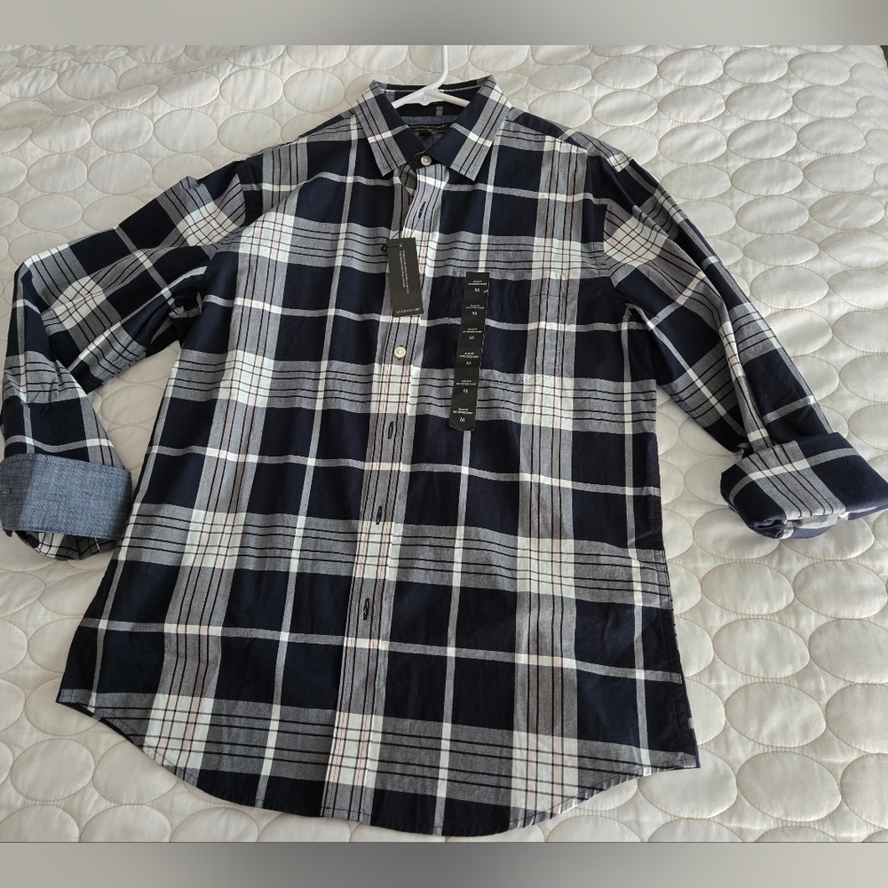 Banana Republic Untucked Slim Fit Shirt Mens M Plaid Button Up New Cuff Sleeve - Picture 2 of 8